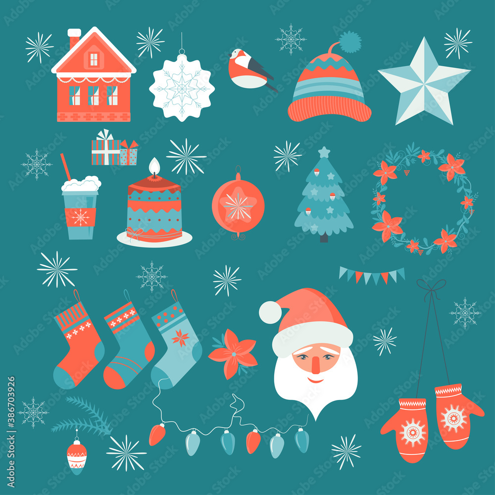 Christmas set, cute seasonal elements, vector illustration in flat style