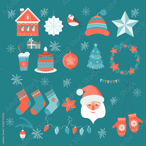 Christmas set, cute seasonal elements, vector illustration in flat style