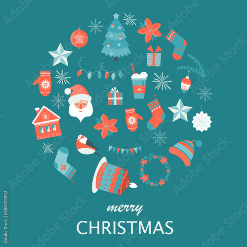 Christmas set, cute seasonal elements, vector illustration in flat style