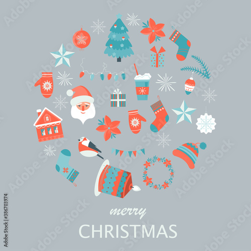 Christmas set, cute seasonal elements, vector illustration in flat style