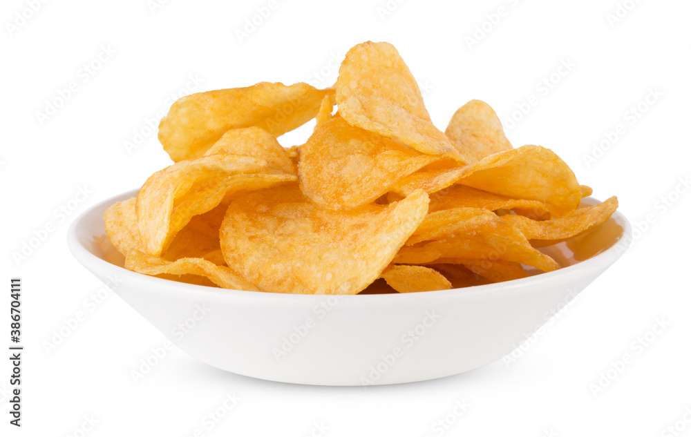 Appetizing, golden chips in the white bowl, isolated on white Appetizing, golden chips in the white bowl, isolated on white