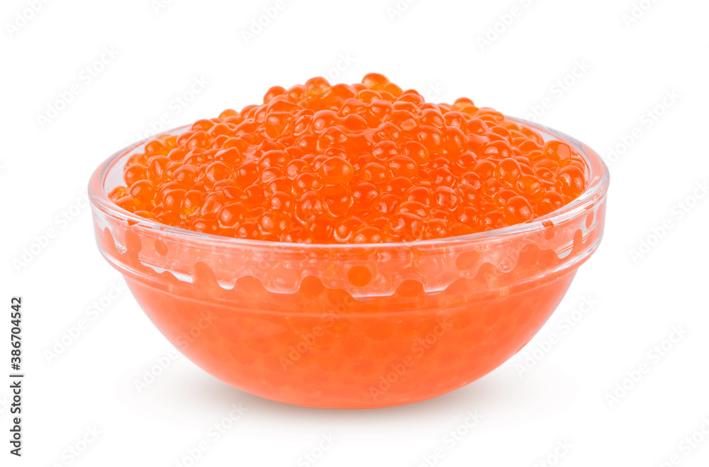 Red tasty salted caviar or fish eggs in transparent bowl isolated on white background Red tasty salted caviar or fish eggs in transparent bowl isolated on white background