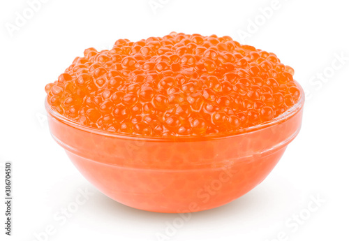 Red tasty salted caviar or fish eggs in transparent bowl isolated on white background