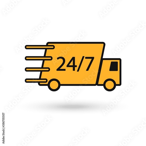 Delivery truck, yellow icon vector symbol, fast shipping cargo van, flat style quick courier transportation