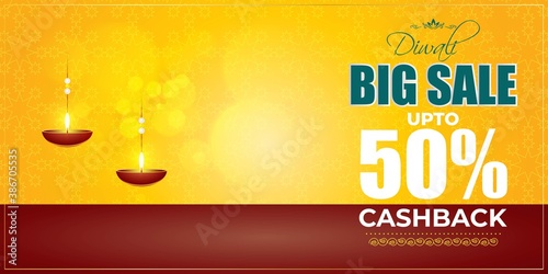 Diwali Festive Season Sale banner, up to 50% cashback. Limited offer Dipawali, Indian festival, diya lamp, oil lamp, colorful bokeh background, vector illustration offer banner, advertisement