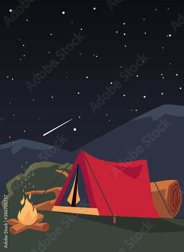 Night in camping banner with campfire background, flat vector illustration.