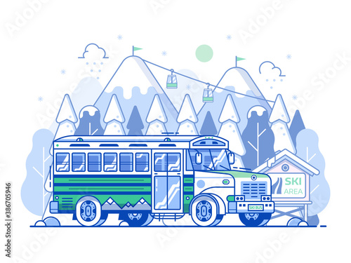 Ski Resort Shuttle Bus Winter Line Scene