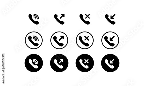 Phone icon set in black. Incoming, outgoing, missed and decline call. Vector on isolated white background. EPS 10