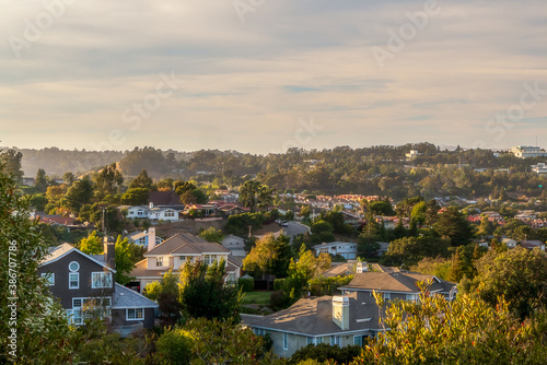 Fototapeta Valley homes panoramic view in Belmont, San Mateo County, California