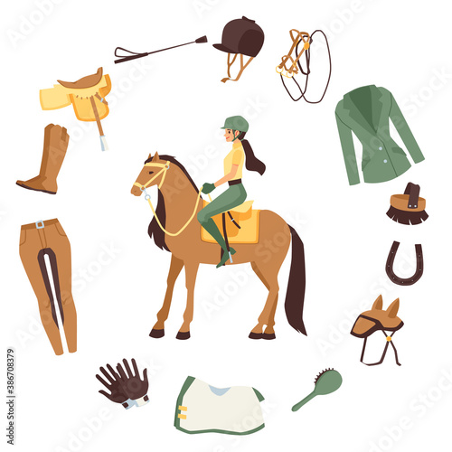 Horse rider among horse harness accessories flat vector illustration isolated.