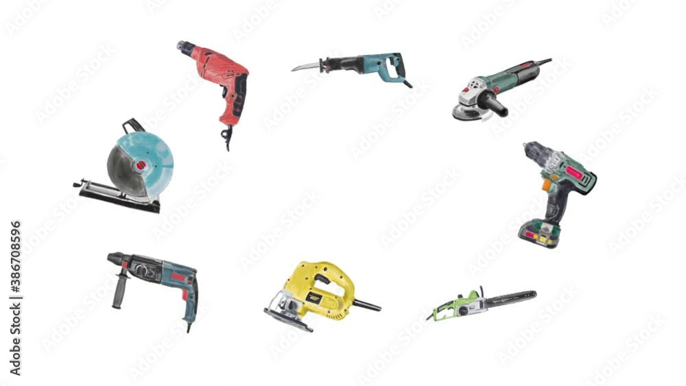 Electric tools animation on white background