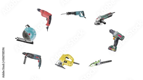 Electric tools animation on white background