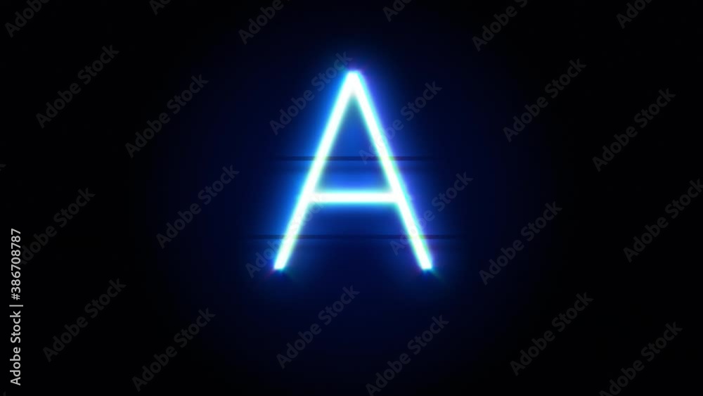 Neon font letter A uppercase appear in center and disappear after some time. Animated blue neon alphabet symbol on black background. Looped animation. Neon font letter A uppercase appear in center and disappear after some time. Animated blue neon alphabet symbol on black background. Looped animation.