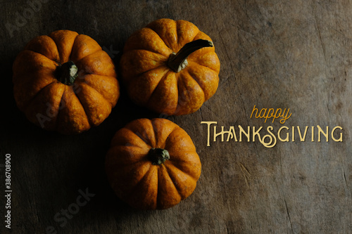 Rustic Thanksgiving graphic background with text for holiday banner, top view of pumpkins on wood backdrop.
