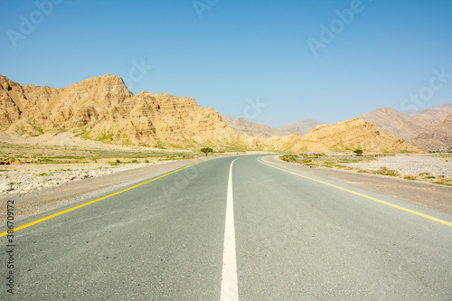The Road leading to the top of Jebel Jais mountain of the North-Western Hajar range near the city of Ras Al Khaimah, United Arab Emirates.