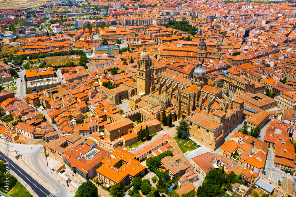 Aerial view of Salamanca Cathedral and historical center of city, Spain