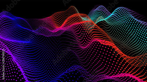 Sea waves from node. Hud data dots flow. Research points stream. Big data visualized presentation of scientific.