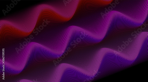 Abstract background of diagonal lines curved in a sinusoid. Long smooth wave in space. Difference thickness volume flow.