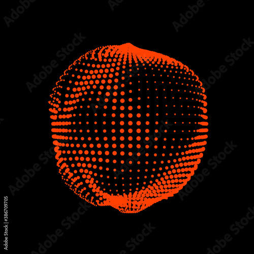 A deformed deflating sphere formed from a sea of dots. An unstable sphere, iridescent with abstract smooth deformations.