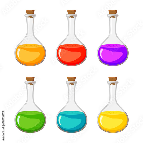 Magic potion vector collection .Elixir in glass bottle set isolated on white. Illustration of colorful flask with chemical substance. Medicine container icon or symbol. Eps 10 cartoon design.