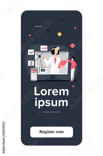 Online medical assistance vector illustration. Man using smartphone app for consulting doctor. Male patient chatting with practitioner on internet