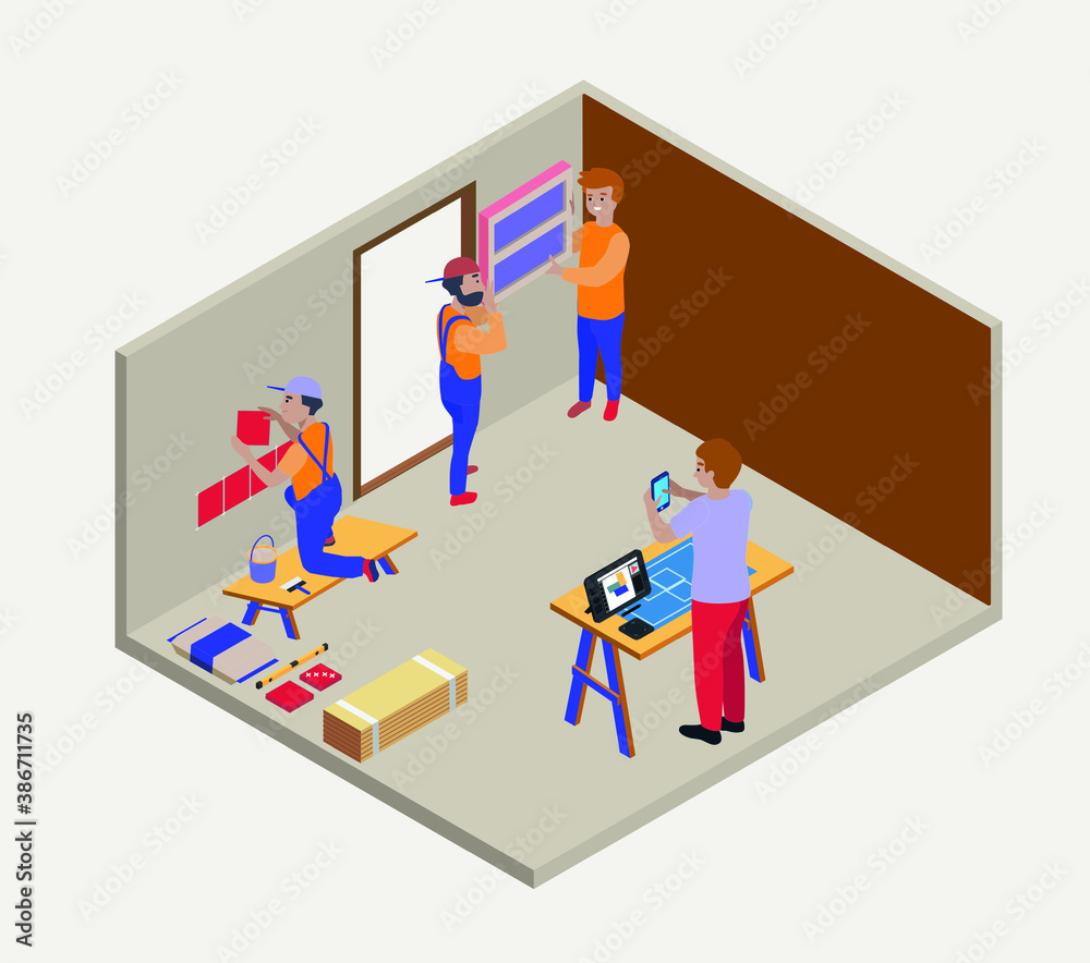 A young designer creates a room project. The construction team makes repairs.