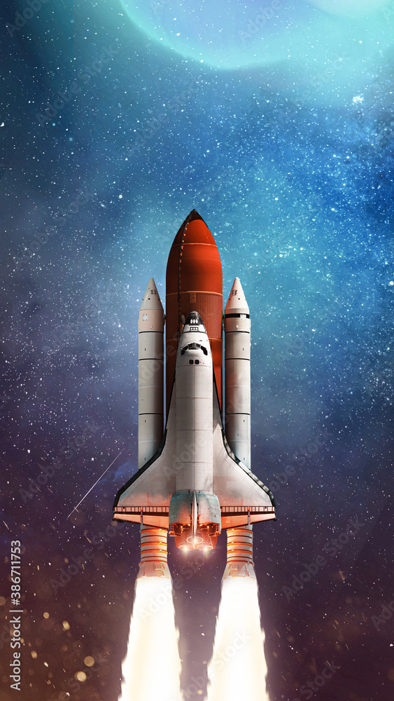 Space shuttle in outer space. Rocket on orbit of the planet. Space ship in galaxy. Vertical wallpaper. Elements of this image furnished by NASA
