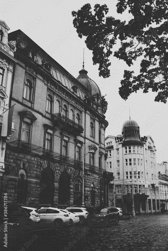 The ancient city of Lviv. Stylized edit with noise and grain