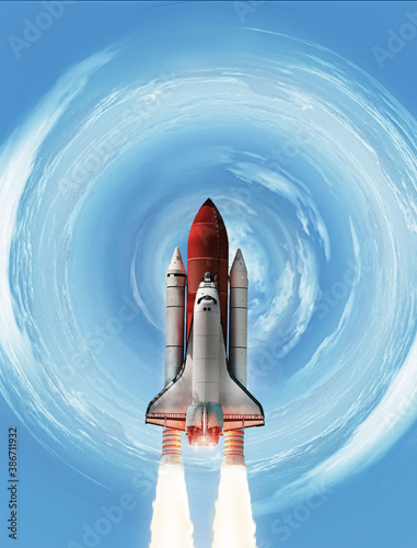 Space shuttle in the clouds. Launch of spaceship from Earth planet. Space wallpaper. Elements of this image furnished by NASA 