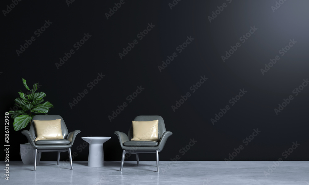 Modern cozy interior design and mock up furniture of living room and black wall texture background Modern cozy interior design and mock up furniture of living room and black wall texture background