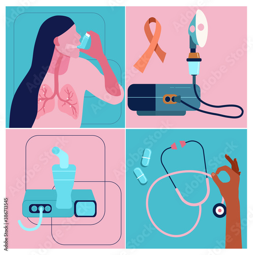 World COPD awareness month illustrations set.Chronic obstructive pulmonary disease concept.International Pneumonia day.Asthmatic girl breathes with an inhaler.Different nebulizers for all ages.Vector