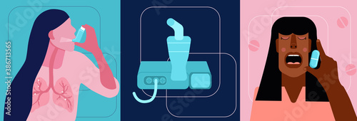 World COPD awareness month illustrations set.Chronic obstructive pulmonary disease concept.Nebulizer in flat style.Asthmatic girl breathes with an inhaler.Lungs illness.Woman takes medical capsule