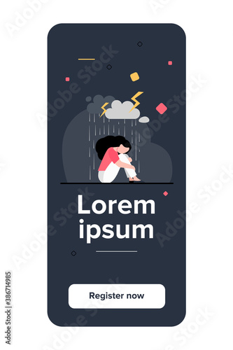 Young lonely girl sitting under storm cloud isolated flat vector illustration. Cartoon unhappy woman crying because of problems. Depression and mental disorder concept