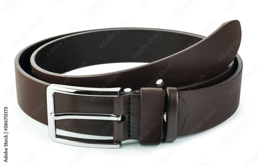 Fastened fashionable men's leather belt with dark matted metal buckle isolated on white background. Fastened fashionable men's leather belt with dark matted metal buckle isolated on white background.