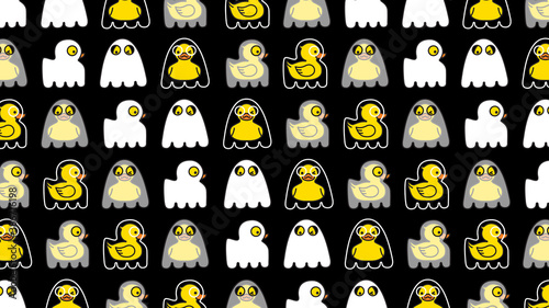 Halloween seamless pattern. Yellow duck cute ghost