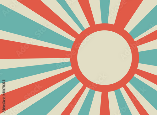 Sunlight retro background with vintage round frame for text. blue and beige color burst background.