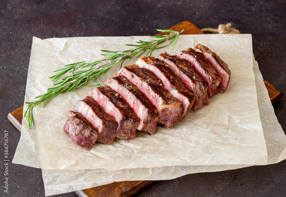 Grilled beef steak. American cuisine. Recipe. Meat.