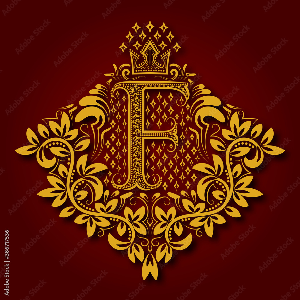 Letter F heraldic monogram in coats of arms form. Vintage golden logo with shadow on maroon background. Letter F is surrounded by floral elements of design. Letter F heraldic monogram in coats of arms form. Vintage golden logo with shadow on maroon background. Letter F is surrounded by floral elements of design.