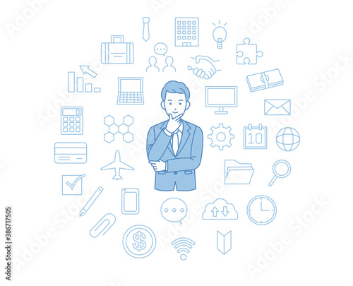 ビジネスマンとアイコンセット　線画ブルー
