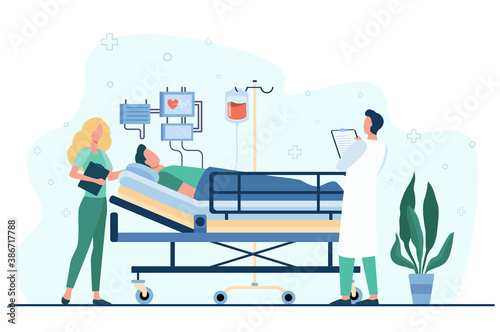 Doctor and nurse giving medical care to patient in bed isolated flat vector illustration. Cartoon medicine specialists giving support for man. Intensive therapy and healthcare concept