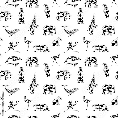 Seamless pattern with polygon animals. Low poly bear, flamingo, whale, elephant. Triangle graphic, origami style. Abstract geometric modern design. Vector illustration for fabric, printing, t-shirts