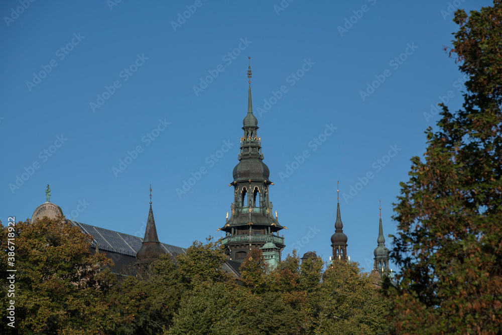 Tower and spire on a gothic museal building in Stockholm