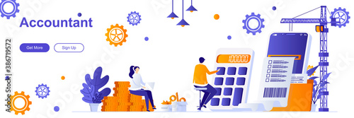 Accountant landing page with people characters. Budget analysis, financial calculation web banner. Business audit vector illustration. Flat concept great for social media promotional materials.