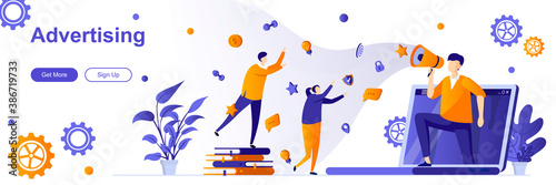 Advertising agency landing page with people characters. Internet marketing and promotion web banner. Advertising campaign vector illustration. Flat concept great for social media promotional materials