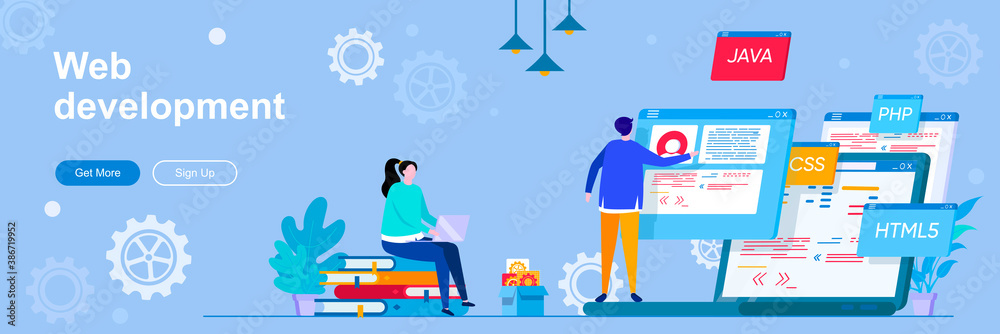 Web development landing page with people characters. Software engineering web banner. Full stack web development company vector illustration. Flat concept great for social media promotional materials.