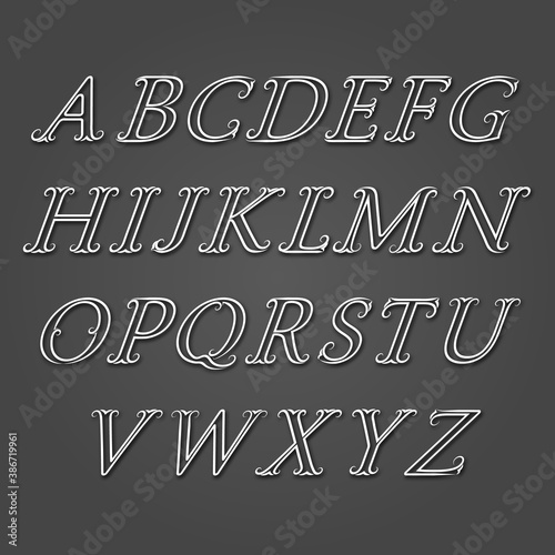 White outline vintage italic type letters with shadow. Letters of lines with flourishes. Curly italic type font in royal style.