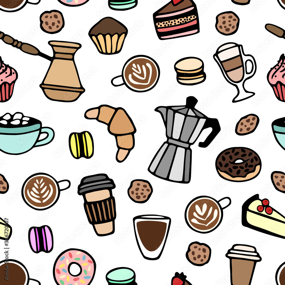 Vector seamless pattern with different coffee and dessert elements. Cute hand drawn design for wrapping paper, wallpaper, textile