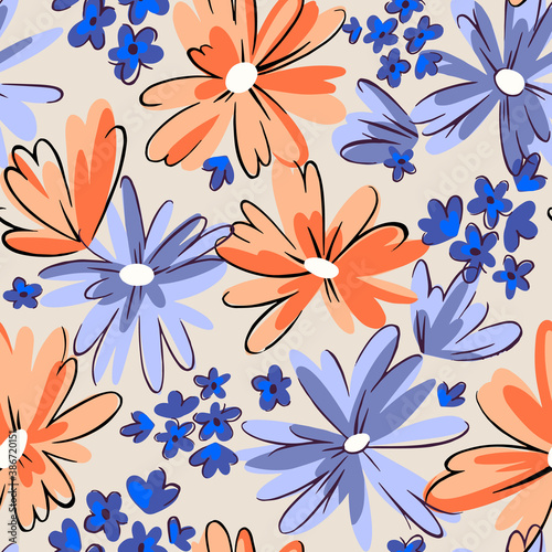 Seamless pattern with daisies. Mixed small and large blooming flower heads ornament. Bright summer botanical background in modern flat design.