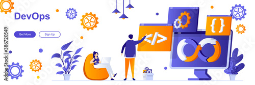 DevOps landing page with people characters. Programming and engineering service web banner. Development operations vector illustration. Flat concept great for social media promotional materials.