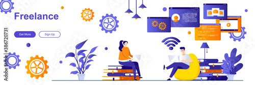 Freelance landing page with people characters. Remote workforce, outsource company web banner. Developers team working vector illustration. Flat concept great for social media promotional materials.